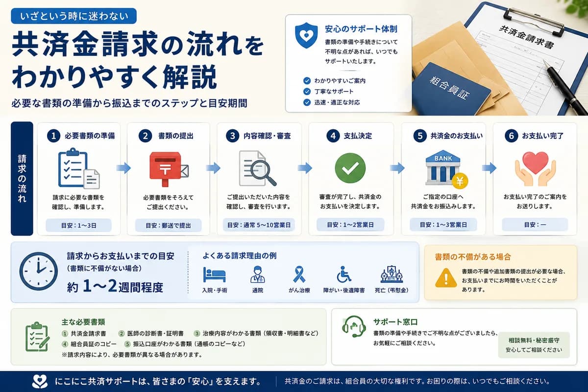 書類とフローチャートをイメージした、共済金請求手続きを表す穏やかなビジュアル